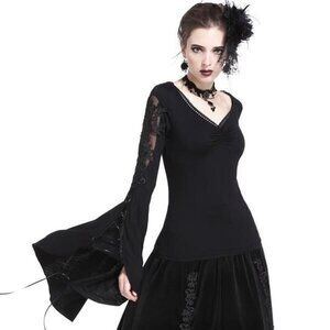 Dark In Love Womens Gothic Witch Top Black Long Sleeve Floral Lace Vampire